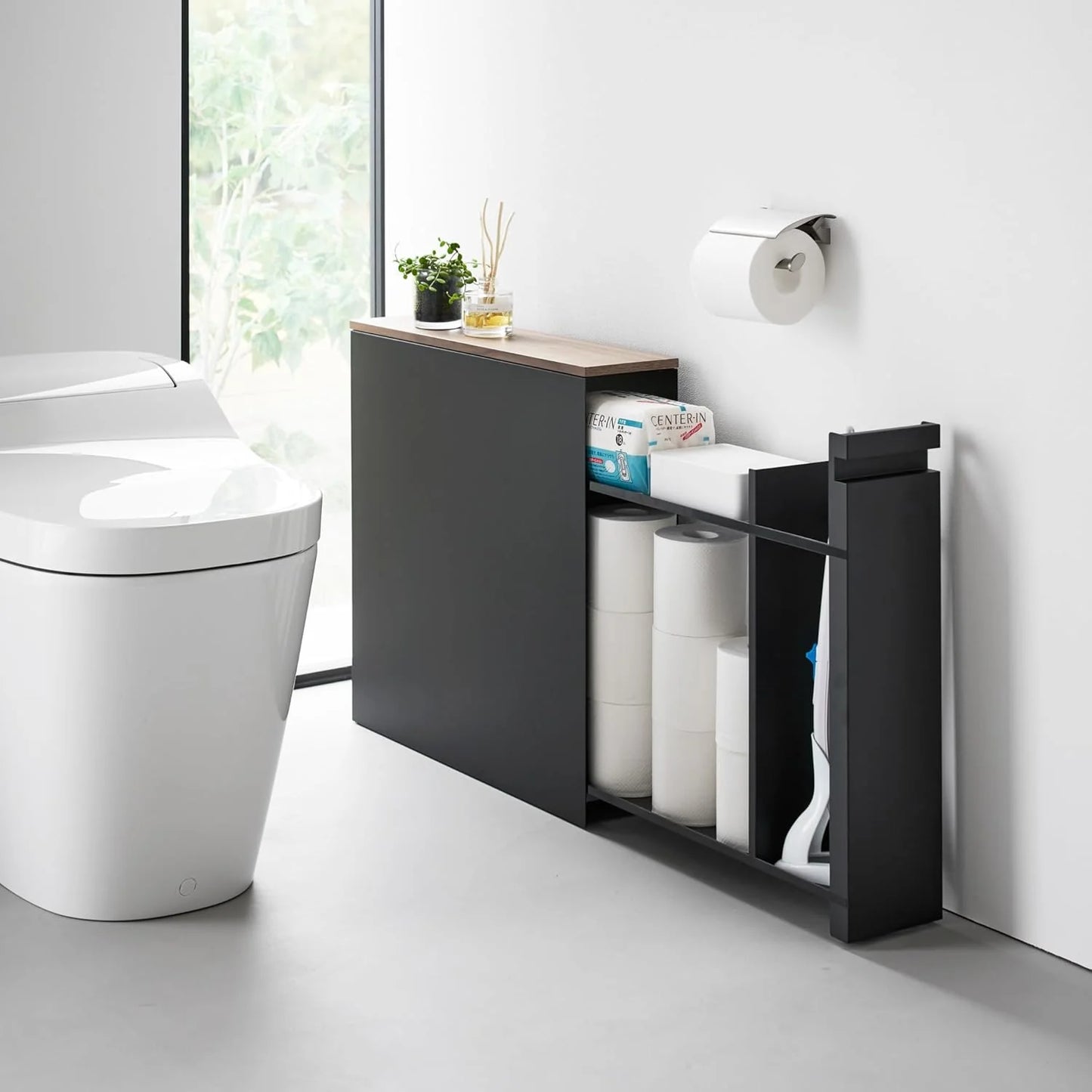 🏠 The Slim Slider | Pull-Out Bathroom Storage Cabinet with Wood Top & Steel Frame