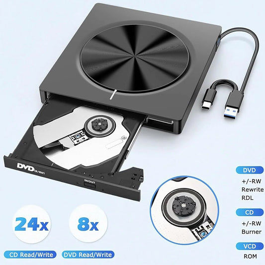 USB 3.0/SD/TF/DVD/CD/VCD/Type-C Player Portable Burner Support Blu-Rays