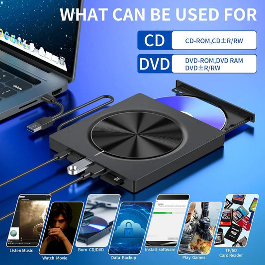USB 3.0/SD/TF/DVD/CD/VCD/Type-C Player Portable Burner Support Blu-Rays