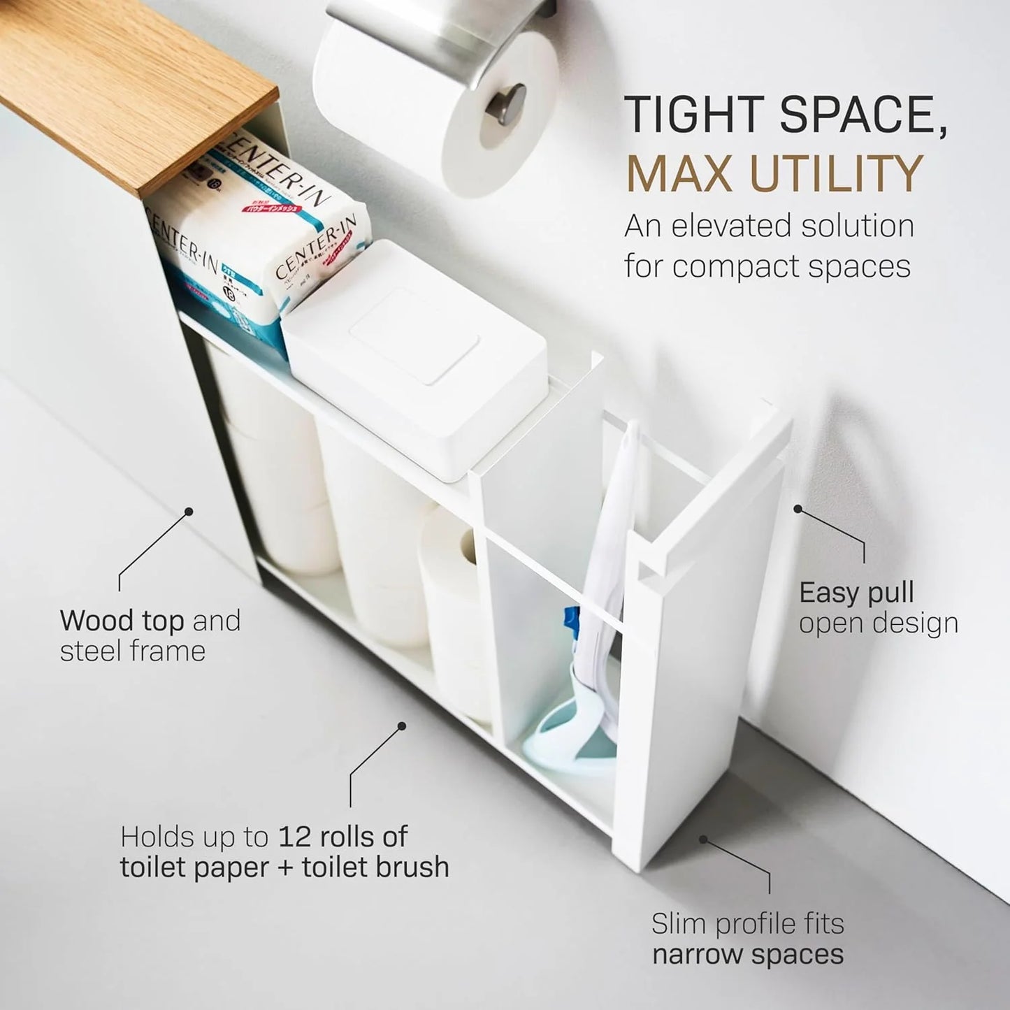 🏠 The Slim Slider | Pull-Out Bathroom Storage Cabinet with Wood Top & Steel Frame