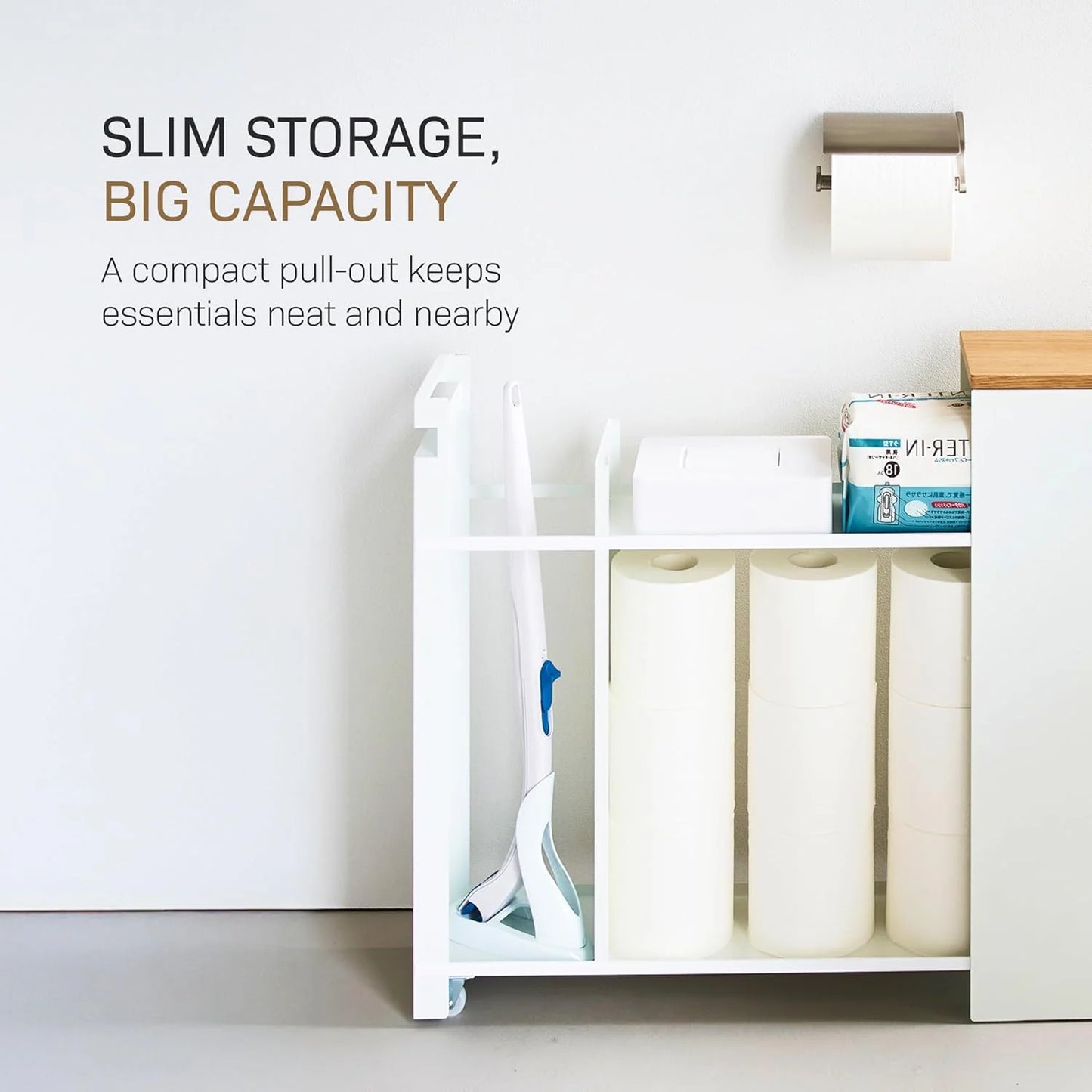 🏠 The Slim Slider | Pull-Out Bathroom Storage Cabinet with Wood Top & Steel Frame